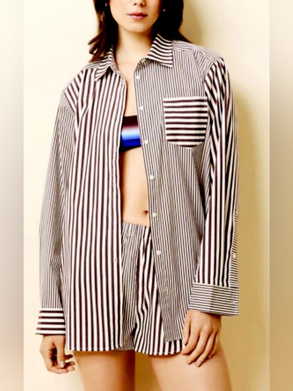 a new day Brown/White Womens Striped Button Down Shirt Cotton Blend Large